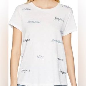 Lucky Brand Embroidered Hello Bonjour Hola Slub Cotton Tee in White Size: S